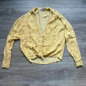 Faithfull the Brand Yellow Snakeskin Print Button Tie V Neck Smocked Cuffs 2